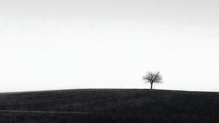 A single tree stands on a hill against a pale sky. Black and white photography.の写真素材