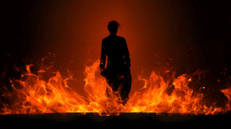 A dark silhouette of a person walking through a large wall of fire. The image evokes feelings of danger, intensity, and surrealism.の写真素材