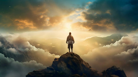 A lone figure stands on a mountaintop, overlooking a breathtaking sunrise over a sea of clouds and...