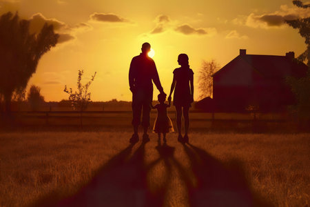 Silhouetted family walking at sunset, capturing a heartwarming moment of togetherness and love.の写真素材