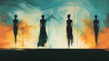 Four elegant female silhouettes against a breathtaking sunset backdrop. Abstract and vibrant, evoking emotion and mystery.の写真素材