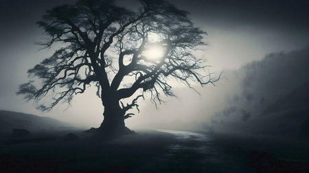 A solitary tree stands tall in a misty landscape, its silhouette stark against the pale moonlight. An enigmatic and atmospheric scene.の写真素材