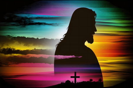 Silhouette of Jesus against a colorful sunset, cross visible.の写真素材