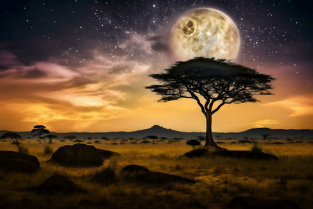 Serene African savanna at night. A large moon and starry sky illuminate a lone acacia tree.の写真素材