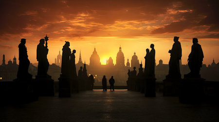 Silhouetted statues on a bridge in Prague, at sunset, with the city's skyline in the background. A stunning scene.の写真素材