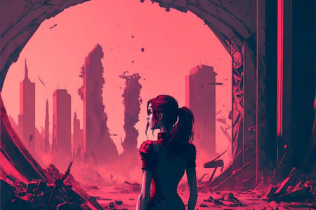 A lone woman stands amidst a ruined futuristic city, a vibrant red sunset casting an eerie glow.