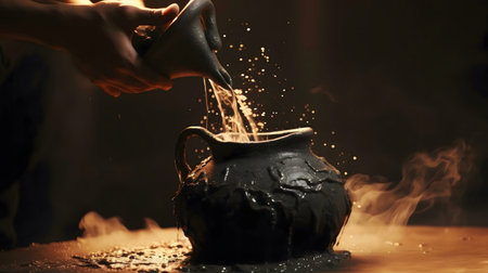 Hands pour liquid into an ancient pot, creating smoke and a mysterious atmosphere.の写真素材