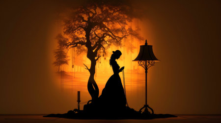 A woman's silhouette prays beside a lamp, a projected sunset and tree behind her.