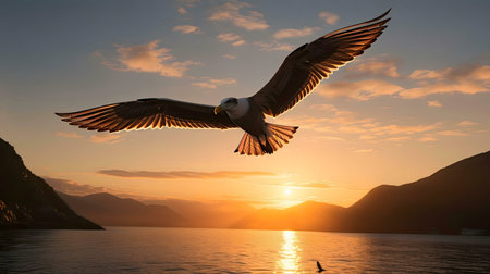 Seagull in flight during sunset over mountains and ocean. Breathtaking view