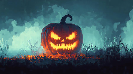 A spooky jack-o'-lantern glows in a pixel art scene.の写真素材
