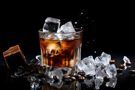 A tempting iced coffee cocktail with caramel and coffee beans, perfect for a sophisticated evening.の写真素材