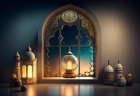 A tranquil Ramadan scene. Lanterns glow beside an ornate window, stars twinkling in the night sky.の写真素材