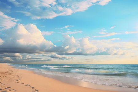 Peaceful beach scene at sunset. Soft waves, sandy shore, and beautiful clouds.の写真素材