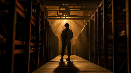 A lone worker stands in the middle of a long warehouse aisle. Golden light illuminates the scene.の写真素材