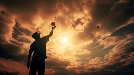 Silhouette of a man throwing a ball against a vibrant sunset.の写真素材