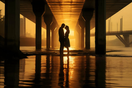 Silhouetted couple embracing under bridge at sunset.の写真素材