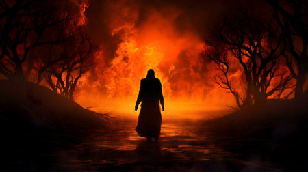 A lone figure walks toward fiery destruction.