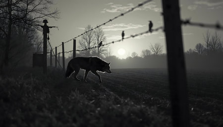 A solitary wolf walks near a fence at sunrise, a scarecrow stands nearby.
