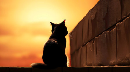 A cat silhouetted against a vibrant sunset.の写真素材