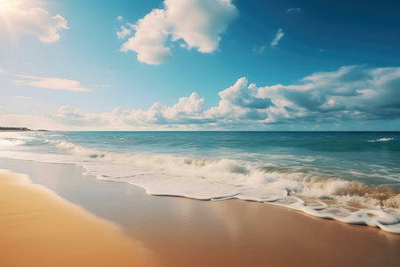 Serene ocean beach scene under a vibrant summer sky. Waves gently lapping on the sandy shore.の写真素材