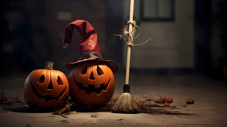 Two carved pumpkins, one wearing a witch's hat, sit beside a broom. Spooky Halloween scene.の写真素材