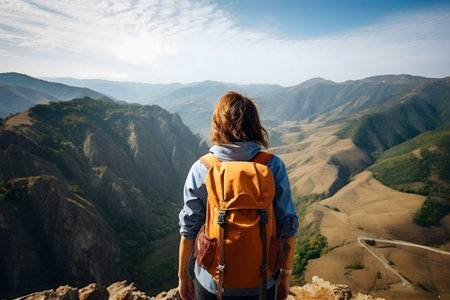 A solo hiker enjoys a panoramic mountain view.
