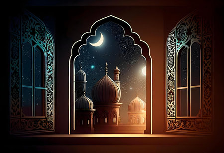 A serene nighttime view of a mosque seen through intricately anly carved archway.の写真素材