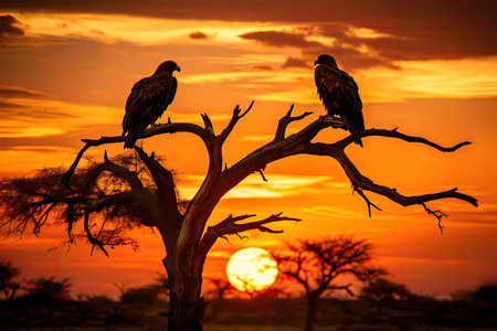 Two eagles perched on a dead tree at sunset in Africa. A vibrant orange sky.の写真素材