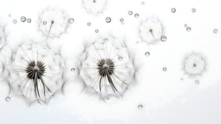 Macro shot of dandelions with water droplets, serene and peaceful.の写真素材