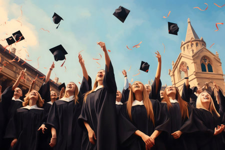 Happy graduates celebrating their academic success. Joyful moment at graduation ceremony.の写真素材