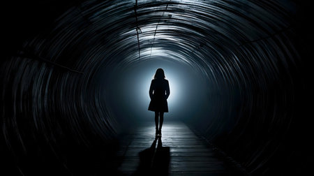 A woman's silhouette stands in a dark tunnel, light at the end.の写真素材