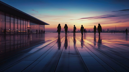 Silhouetted figures stroll along a wet city plaza at dawn, reflections mirroring the vibrant sunrise.の写真素材