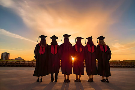 Silhouette of six graduating students at sunset. A moment of shared success and bright futures.の写真素材