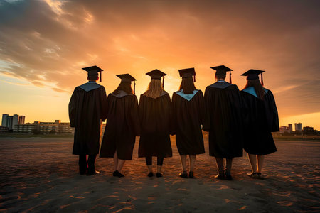 Six graduates stand on beach at sunset, celebrating their hard-earned academic success.の写真素材