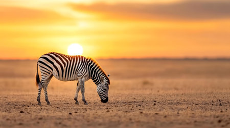 A lone zebra grazes peacefully at sunset in the African savanna.の写真素材