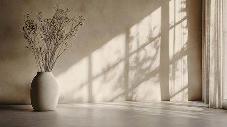 A ceramic vase with dried flowers sits on a table, bathed in sunlight, creating a peaceful atmosphere.の写真素材