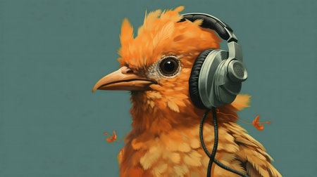 A digital painting of an orange bird wearing headphones. Enjoy the vibrant colors and cute design!の写真素材