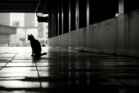 Black cat silhouette in a city passageway.の写真素材