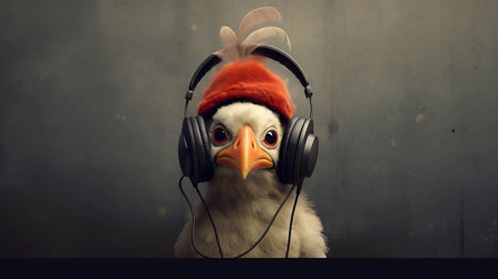 A charming bird wearing headphones and a hat, enjoying music.の写真素材