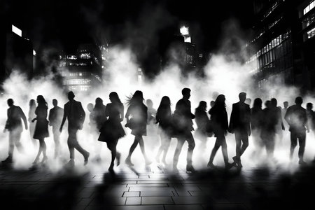 Silhouetted figures walk through a foggy city at night. Mysterious and urban.の写真素材
