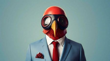 A man in a suit wearing a bird mask and goggles. Surreal corporate photography.の写真素材