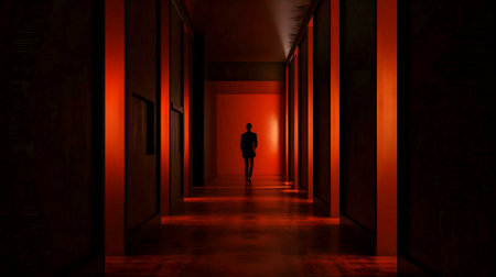 A lone figure walks down a long red corridor. Mysterious and dramatic.の写真素材