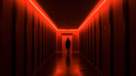A lone figure walks down a long, red-lit corridor. The scene is mysterious and atmospheric.の写真素材
