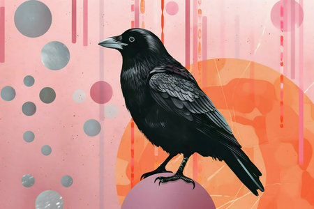 A black crow is prominently displayed against a vibrant backdrop of pink and orange abstract shapes.の写真素材