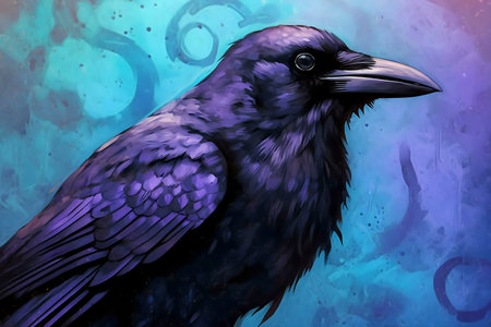 A digital painting of a raven against an abstract blue backgroundの写真素材