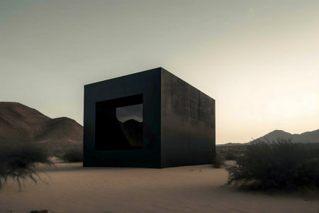 A black cube art installation stands in a desert landscape. Minimalist, serene.