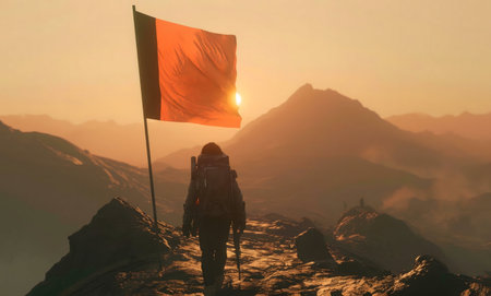 A lone figure plants a flag on a mountain top at sunset. A powerful image of achievement.