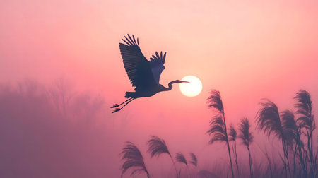 Heron in flight at sunset. Pink sky, peaceful scene.の写真素材