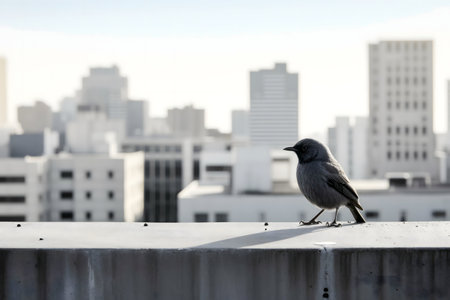 A lone gray bird rests on a city building rooftop, a serene contrast against the blurry urban backdrop.の写真素材