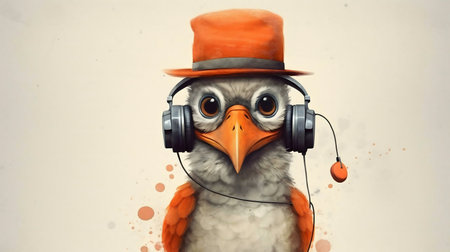 A digital painting of a stylish bird wearing headphones and a hat, enjoying the music.の写真素材